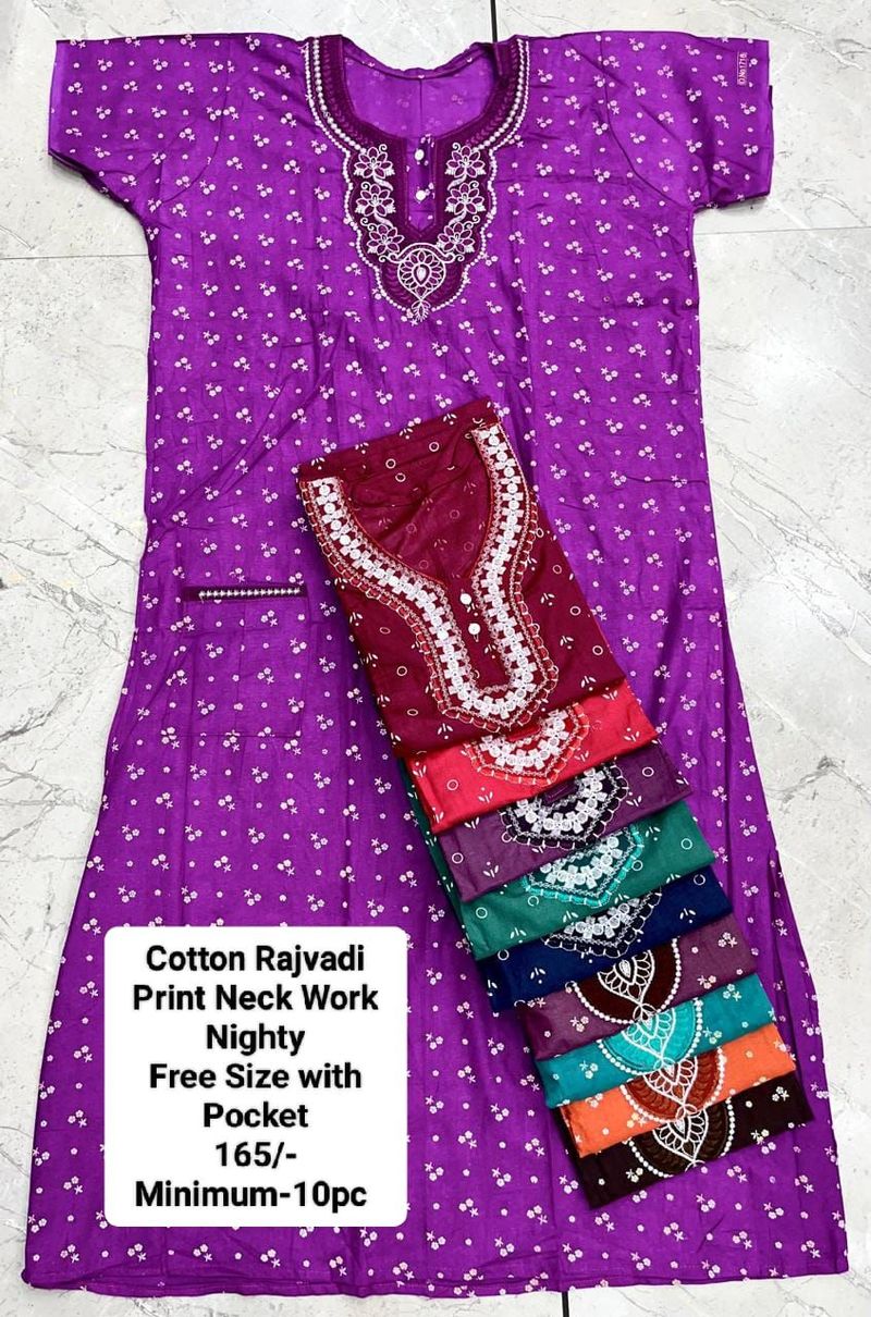 Cotton Rajvadi Print Neck Work Nighty Free Size with Pocket